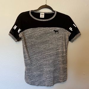 Victoria’s Secret PINK Gray Marl and Black Mesh Sleeve Tee